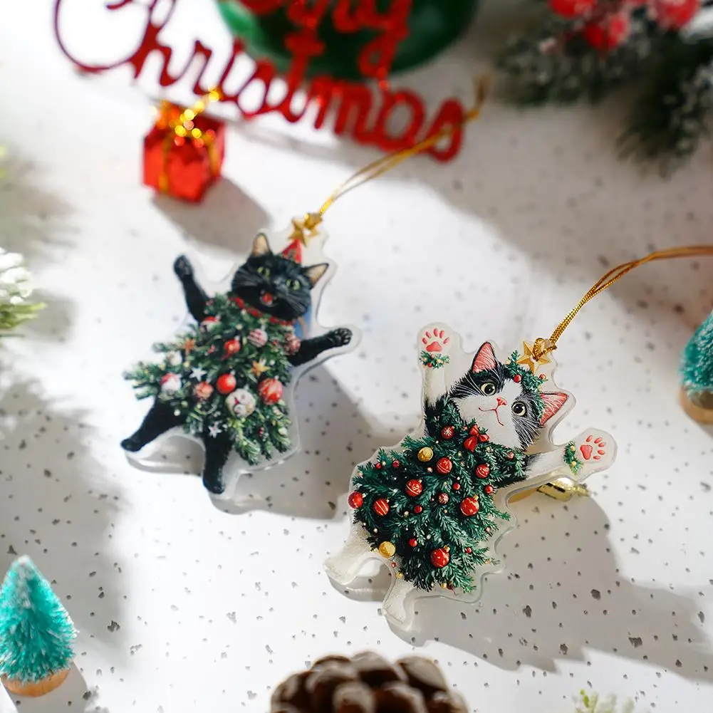 1/2pc Christmas Tree Cat Decor Christmas Tree Ornament 2D Flat Acrylic Holiday Tree Costume Kitten Pendant Cat Hanging Ornaments