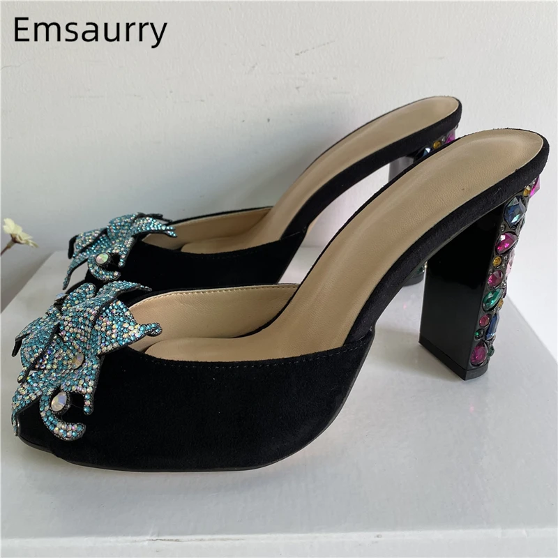 

Rhinestone Embellished Flower Sandals Women Colorful Diamond High Heel Luxury Suede Slingbacks Open Toe Mules Summer