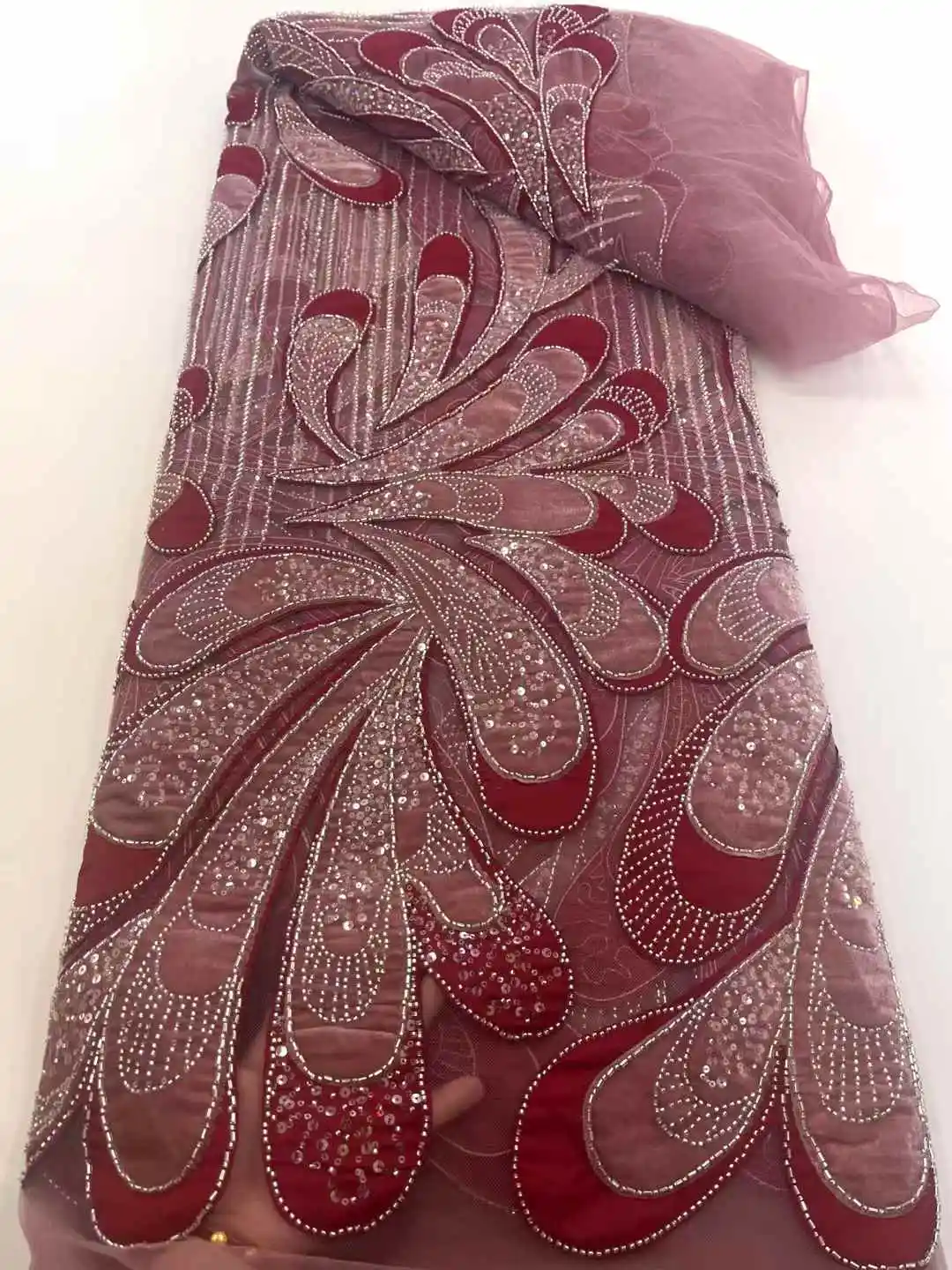 2025 Africano Francese Nigeriano di fascia alta Tulle Tessuto di pizzo con perline Paillettes Maglia per ricamo Abito da sposa per festa di nozze