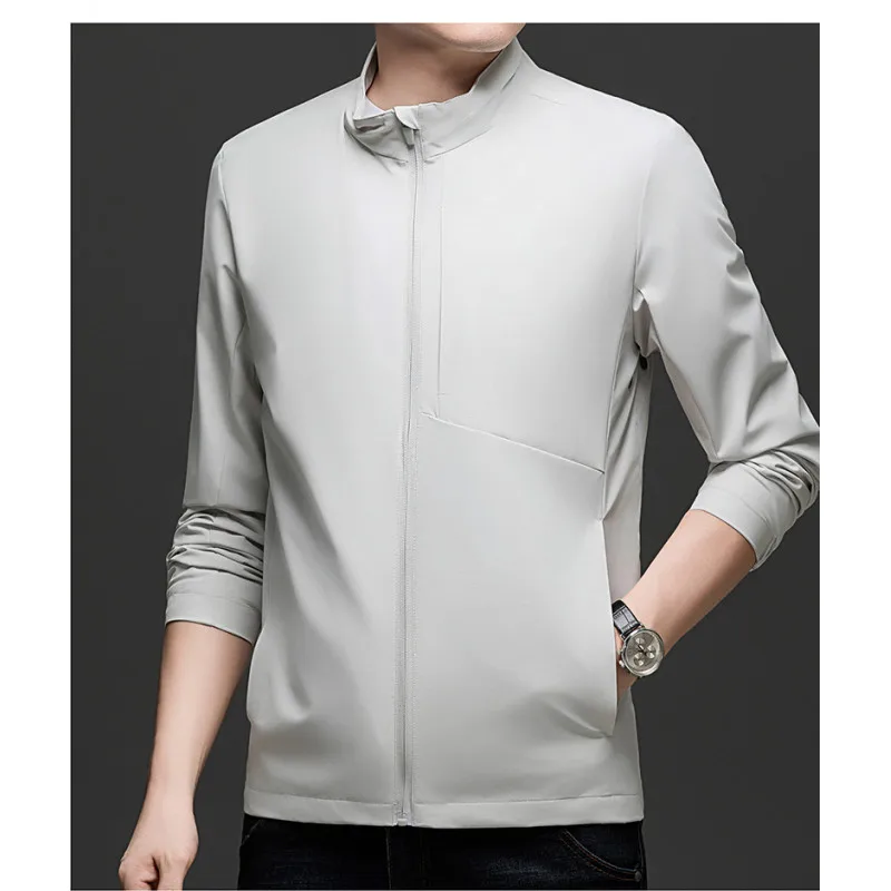 

Men's 2025 Spring Fall Jacket - Beige Stand Collar Windbreaker Lightweight Water Resistant Casual Outdoor Coat