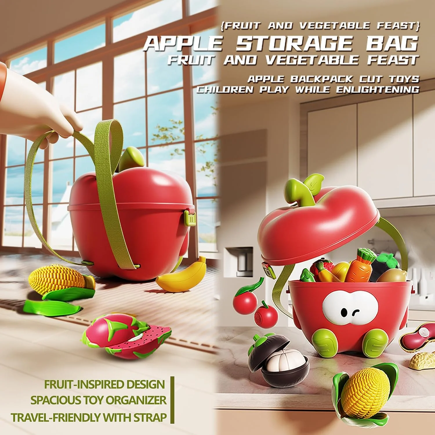 Gioca con gli accessori da cucina, un simpatico contenitore per mele, un cibo da gioco per bambini, un regalo di compleanno