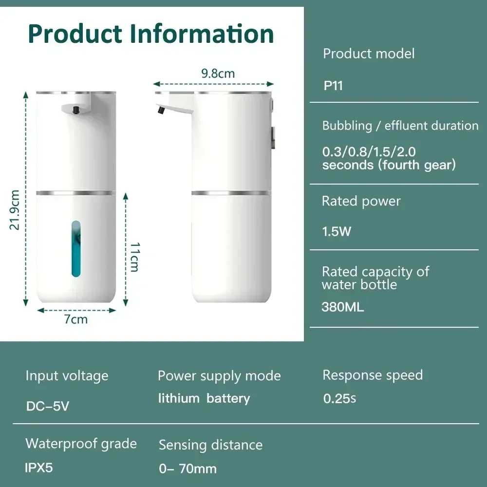 샤오미 자동 거품 비누 P11 디펜서 욕실 스마트 세척 핸드 머신, USB 충전, 흰색 ABS 소재, 380ml