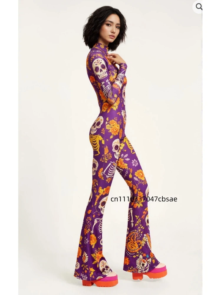 Damen Halloween Sugar Skull Bell Bottom Jumpsuit mit hohem Kragen, ausgestelltem Bein, Skelett- und Blumenmuster, Bodysuit für Day of the Dead Cosplay Festival Zentai – Detail 5