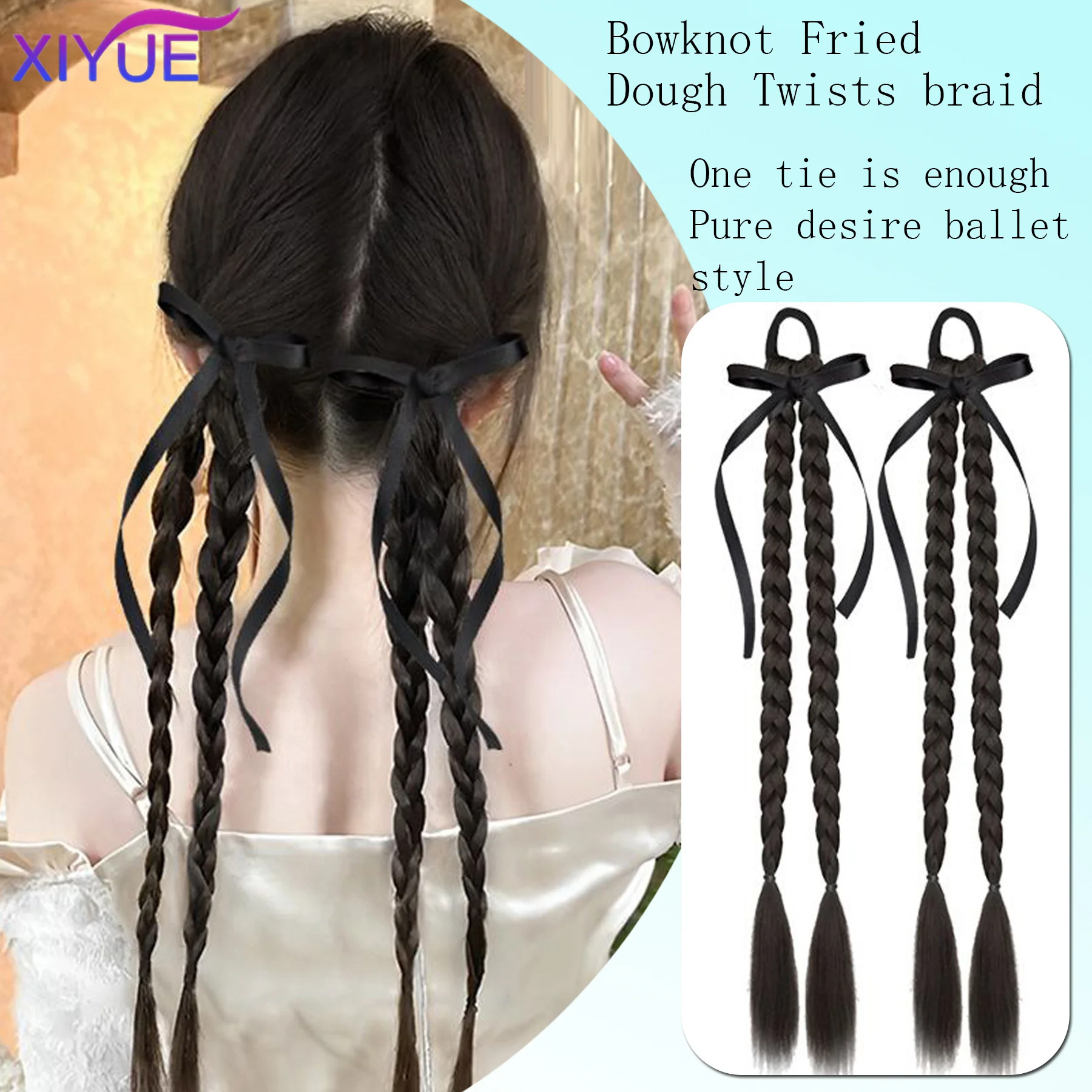 XIYUE Synthetic Braided Twist Braids ponytail Hair Extension Black Natural Wig Long Ponytail Hair Band Rubber Band Women\'s Wig