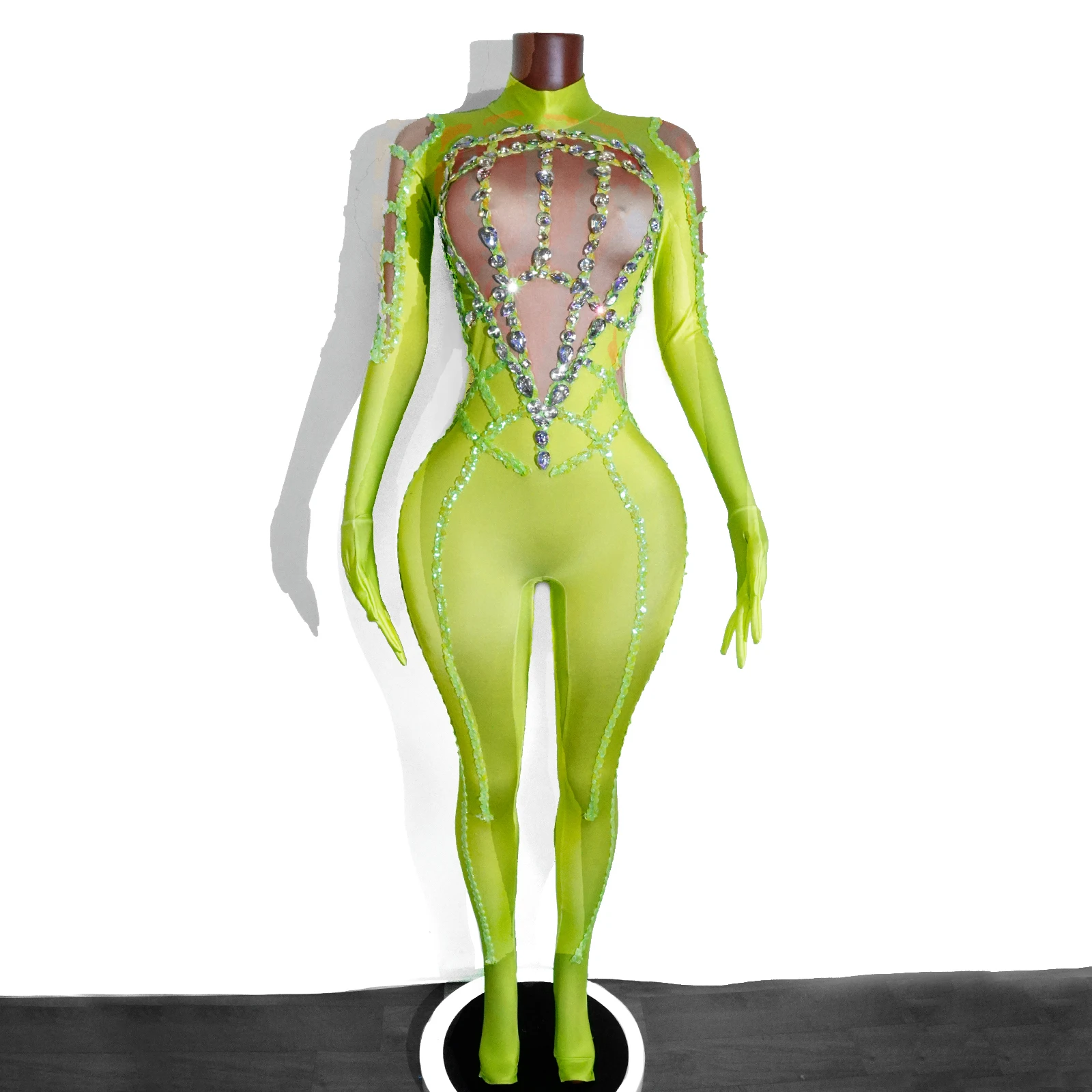 

Fluorescent Green Rhinestones Sequins Jumpsuit for Women Sparkling Birthday Party Stage Nightclub Drag Queen Outfit Singer Dance