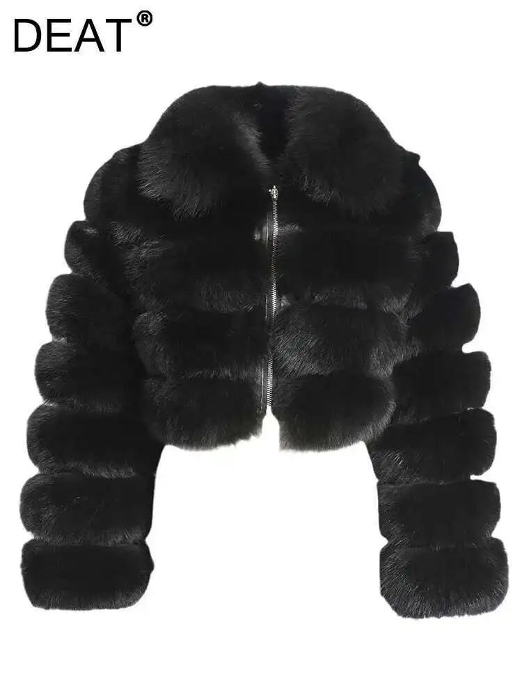 女性用フェイクフォックスファーショートジャケット,ラペル,ジッパー,長袖,ルーズ,厚手の模造品,冬のファッション,2024, 2023