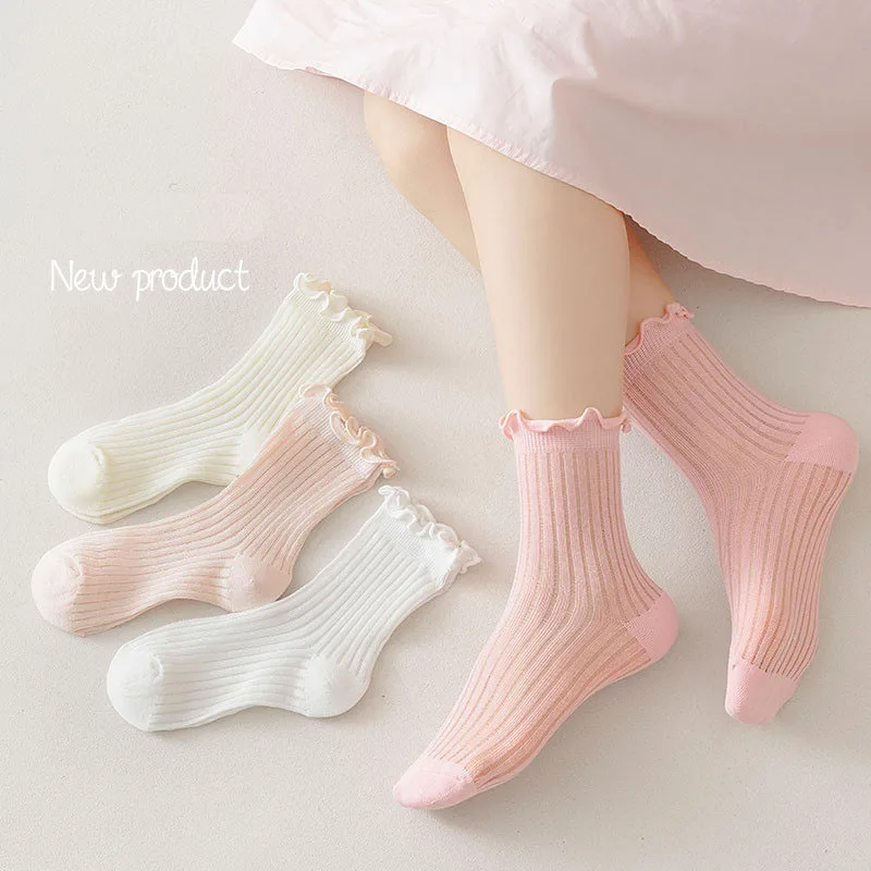 4 Paar Frühlings-Kniestrümpfe für Kinder, 1–12 Jahre, einfarbig, Grubenstreifen, Mädchen, Prinzessinnen-Stil, bequem, atmungsaktiv, Kindersocken
