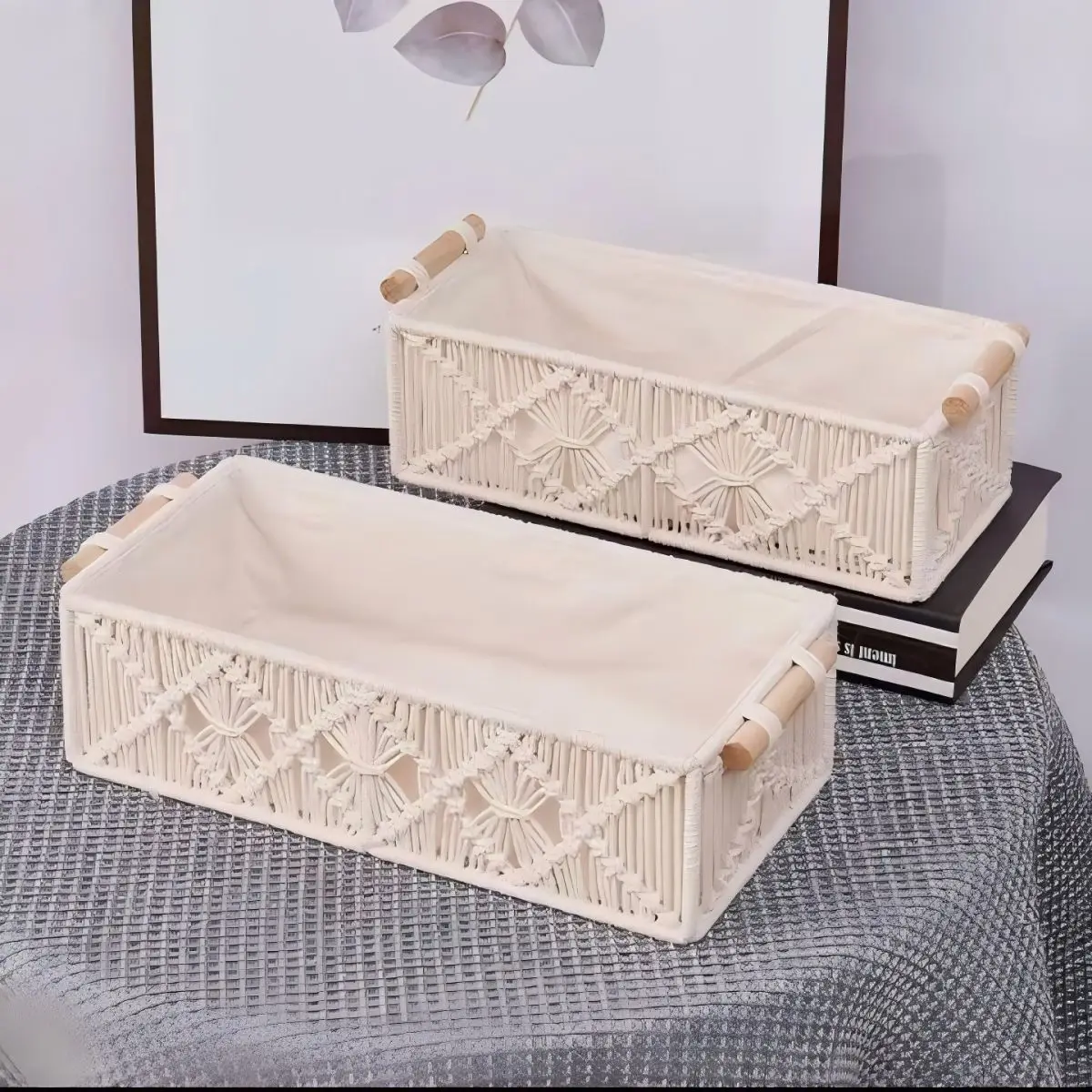 Macrame Storage Baskets Boho Decor Box Handmade Woven Decorative Countertop Toilet Tank Shelf Cabinet Organizer for Bedroom