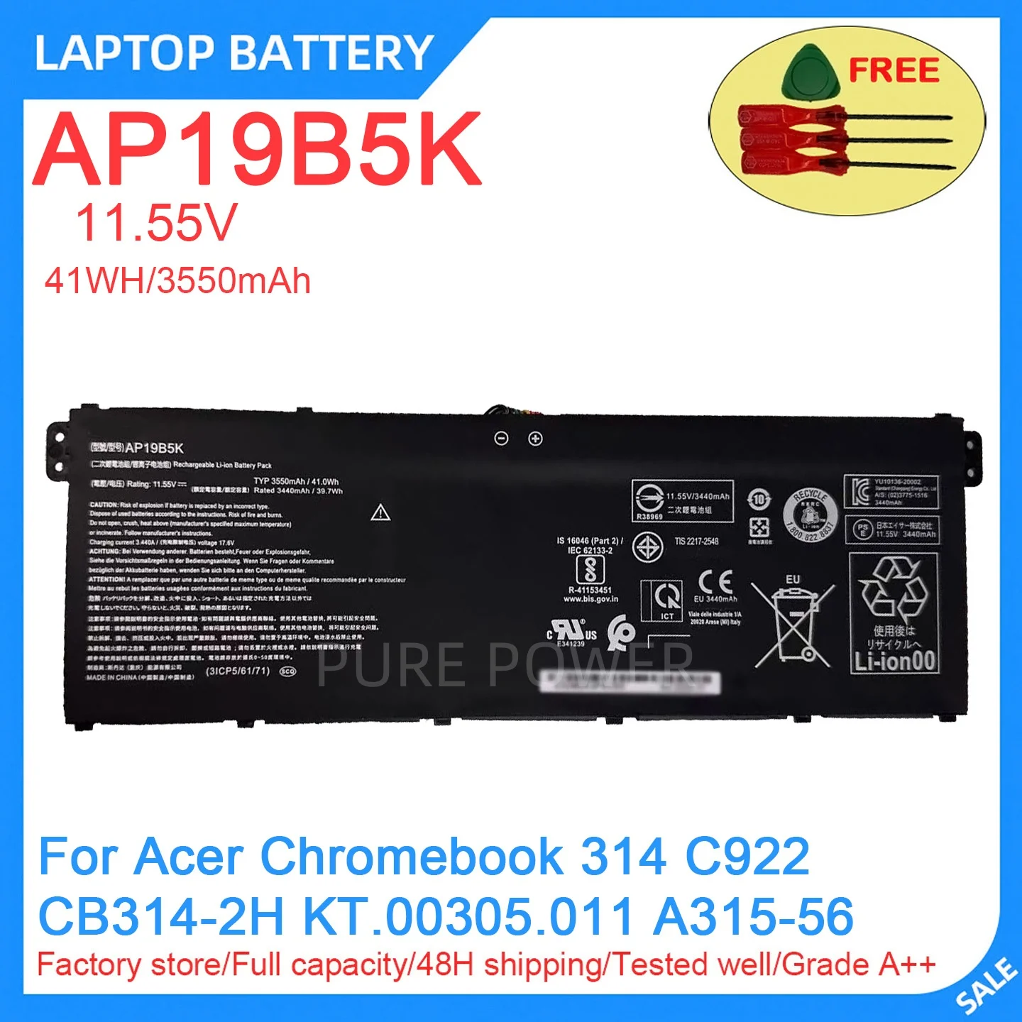 New Laptop Battery AP19B5K 11.55V 41WH 3550mAh High Quality For Acer Chromebook 314 C922 CB314-2H KT.00305.011 A315-56