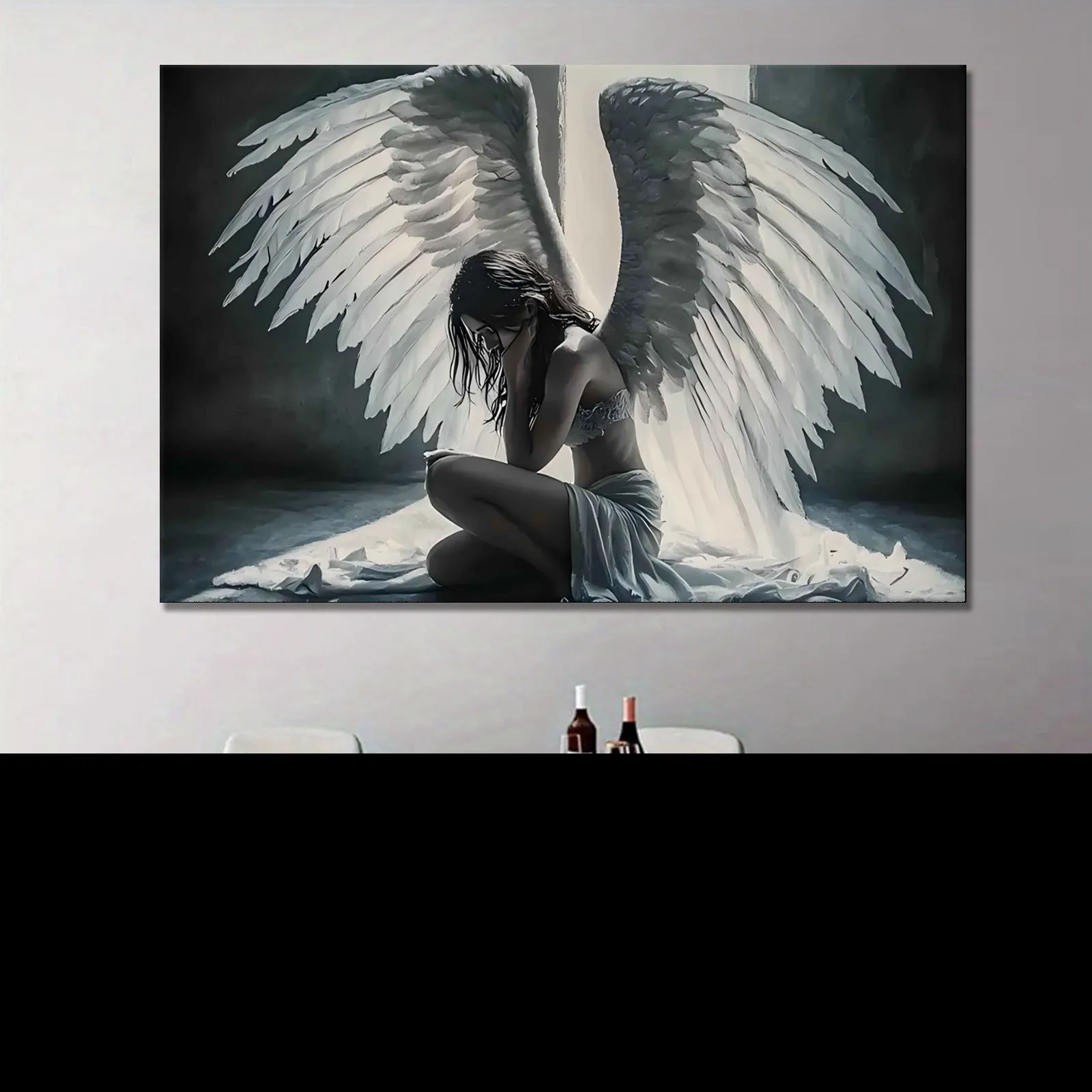 شخصية Serene Angel-Mysterious المجنحة باللون الأحادي اللون - فن قماش عالي الجودة لديكور المنزل، فكرة هدية فريدة من نوعها #4