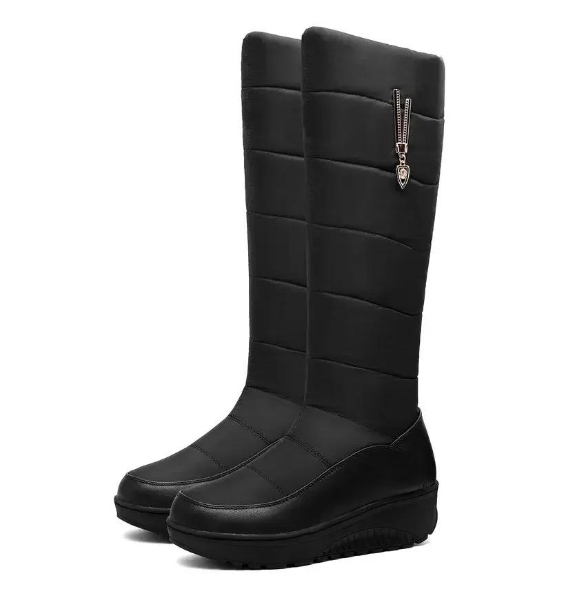 

Women Warm Fur Mid-calf Snow Boots Round Toe Red Black Down Crystal Dec Party Travel Lady Wedge Platform Winter Plush Half Boots