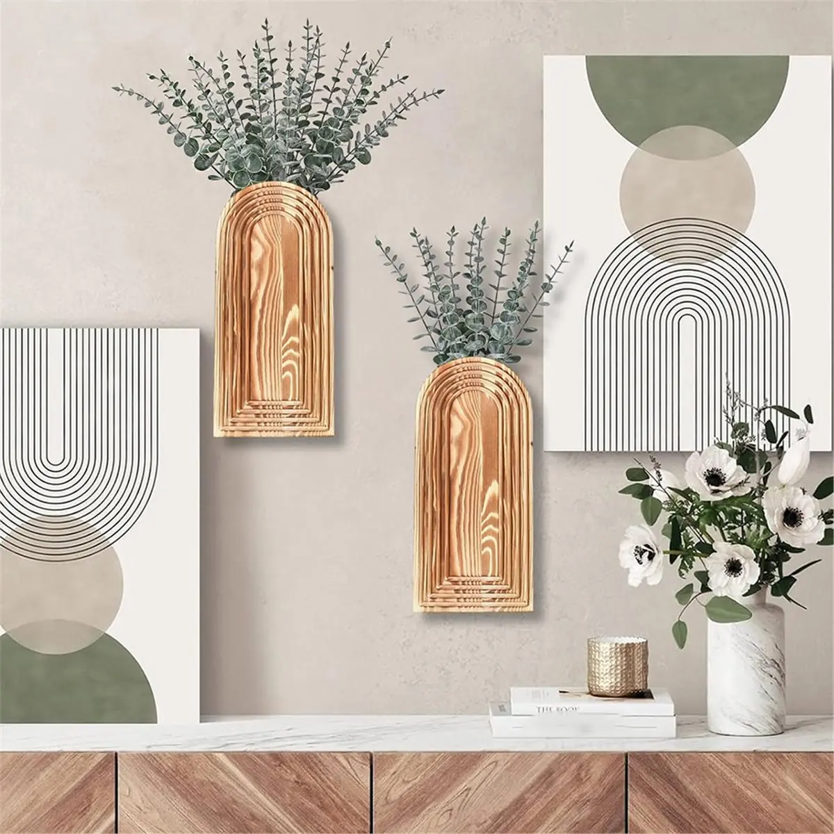giftnew 2 Pack Wooden Wall Vase Set Boho Wall Decor for Entryway, Hallway, Bathroom, Living Room, Dining Room, Narrow Spaces