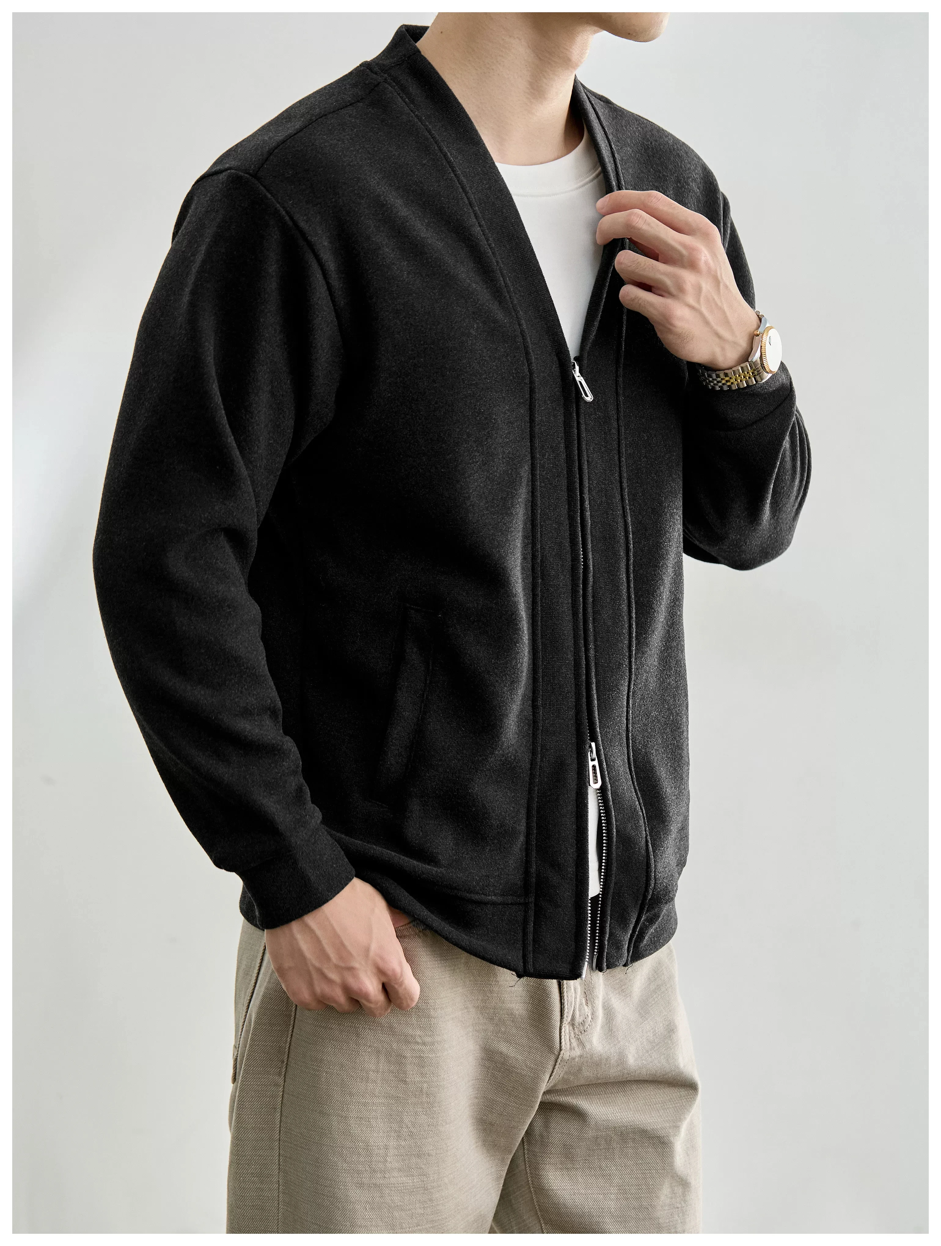 Men's Layered-Look Double-Zip Knit Cardigan — product detail 7