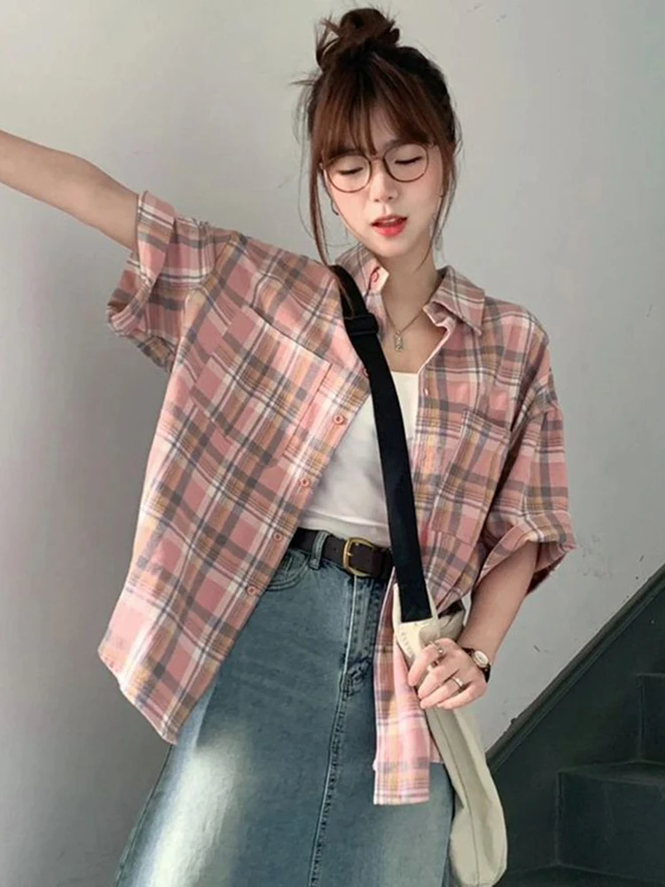 Zoki Sweet Pink Plaid Shirts Women Japan Loose Short Sleeve Blouse Summer Vintage Loose Cute Turn Down Collar Lady Elegant Tops