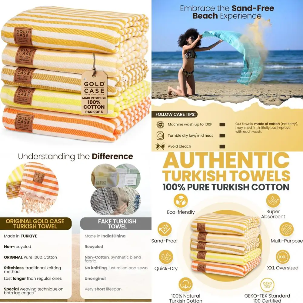 

100% Cotton Oversized Beach Towel Set of 5 - 71 x 40 Quick Dry, Lightweight Swim Towels for Turkish Beaches
