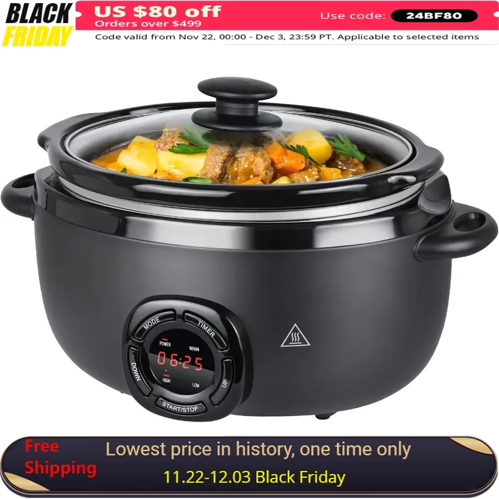 

7Qt Programmable Slow Cooker with Nonstick Removable Inner Ceramic Pot, 3 Temp Settings & Timer, Electric Slow Cooker