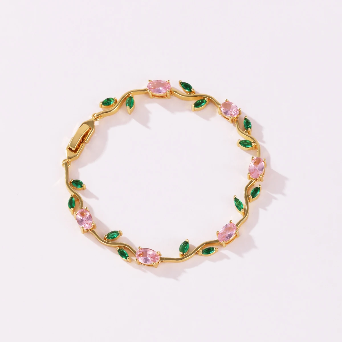 Tulip Pink Cubic Zirconia Wrist Chain with Vine Flowers, Sweet and Romantic Metal Bracelet For Women Jewelry Wedding Party Gift