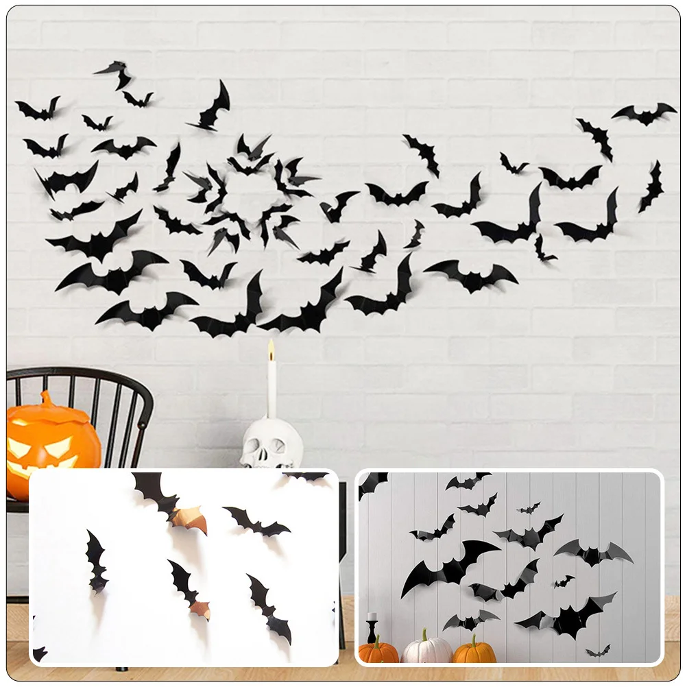 

60Pcs Halloween Bat Stickers 3D Plastic Decals for Wall Door Window Halloween Party Supplies Black Bat Wall Ornaments