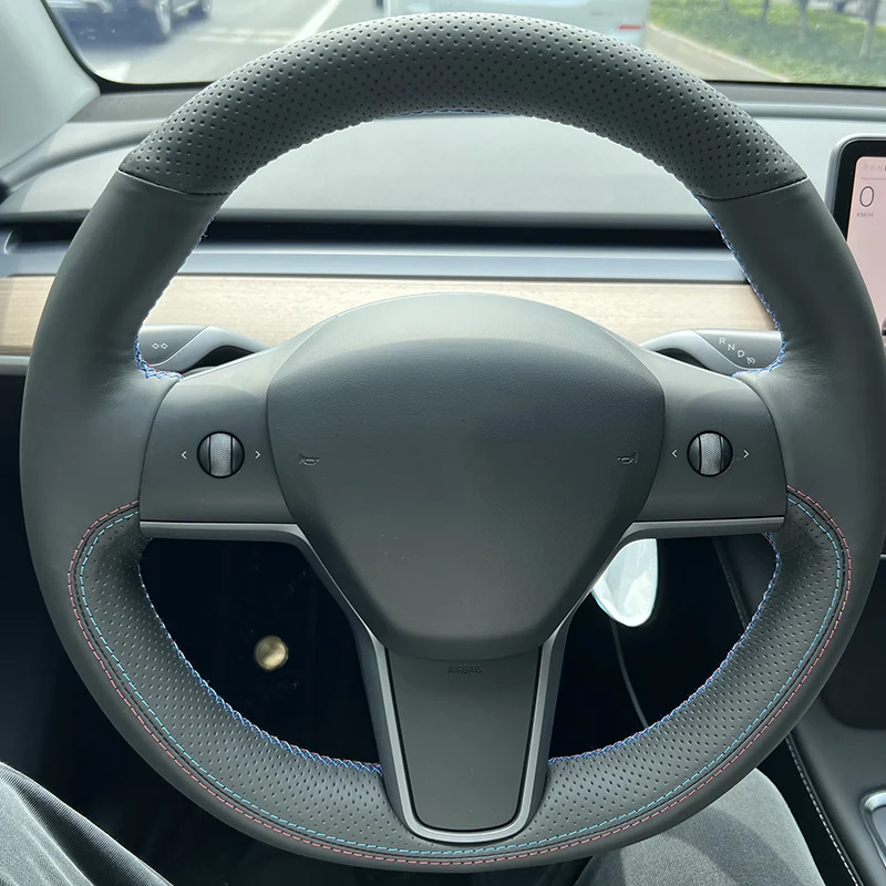 

Custom Nappa Genuine Leather Auto Braid On The Steering Wheel Cover for Tesla Model 3 Y Car Braiding Wheel Covers Accessories