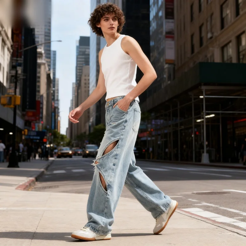 

2025 Новые джинсовые брюки в стиле пэчворк в американском стиле с дырками, мужские и женские свободные широкие джинсы унисекс с прямыми штанинами