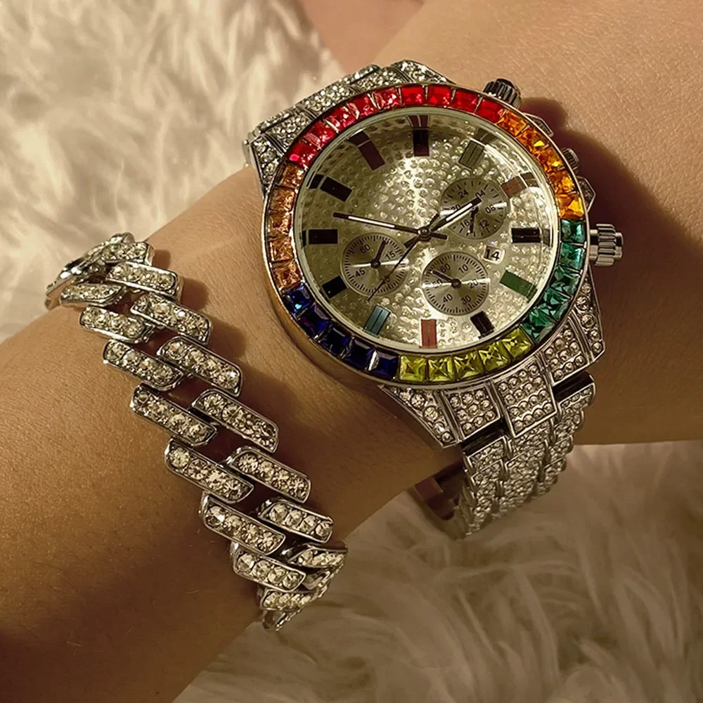 Women Quartz Watch Luxury Cuban Bracelet Chain Sets Rhinestones Dress Wristwatch For Ladies Gift