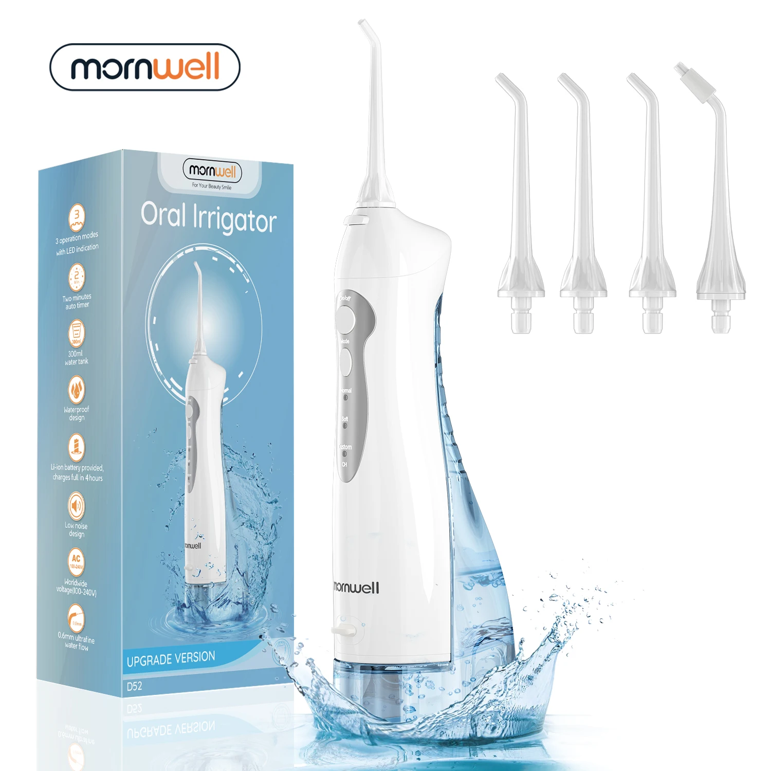 

Mornwell New D52Pro Oral Water Jet Rechargeable Water Flosser Portable 300ML 4 Nozzles Waterproof Water Floss Teeth Cleaner