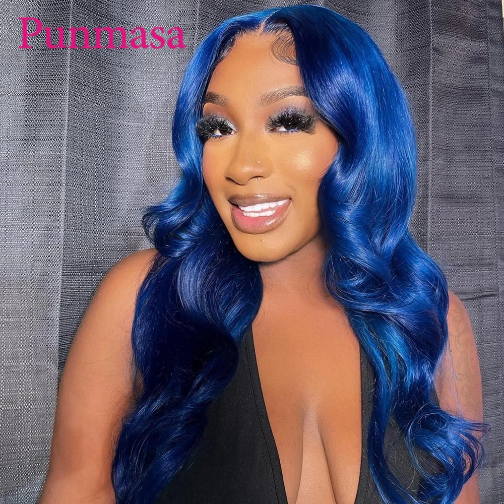 Punmasa 30 Inch Blue Body Wave 13x6 Human Hair Wig Transparent Lace Front Wigs for Black Women PrePlucked 200%  13X4 Frontal Wig