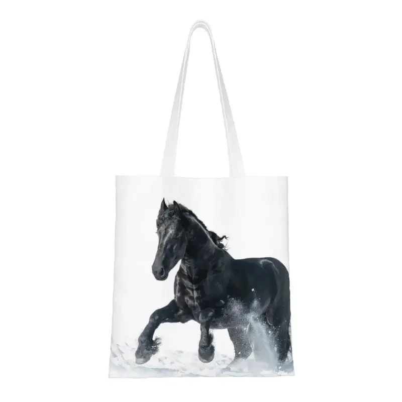 Kawaii Elegant Frisian Horse Shopping Tote Bag Reusable Horse Lover Groceries Canvas Shoulder Shopper Bag