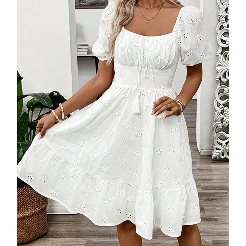우아한 여성 여름 미니 드레스 섹시한 흰색 스퀘어 칼라 허리 Cinched Beach Sundress Boho Hollow Flower 반팔 드레스