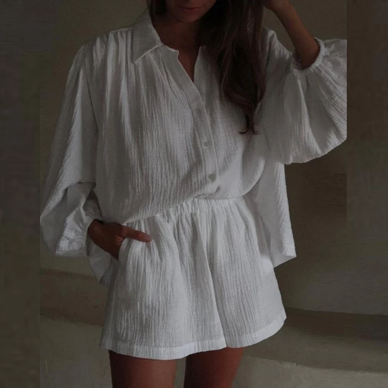

Casual High Street Single Breasted Shirt Set Vintage Women's Pocket Shorts Outfits Simple Solid Color Lantern Sleeve Loose Suit