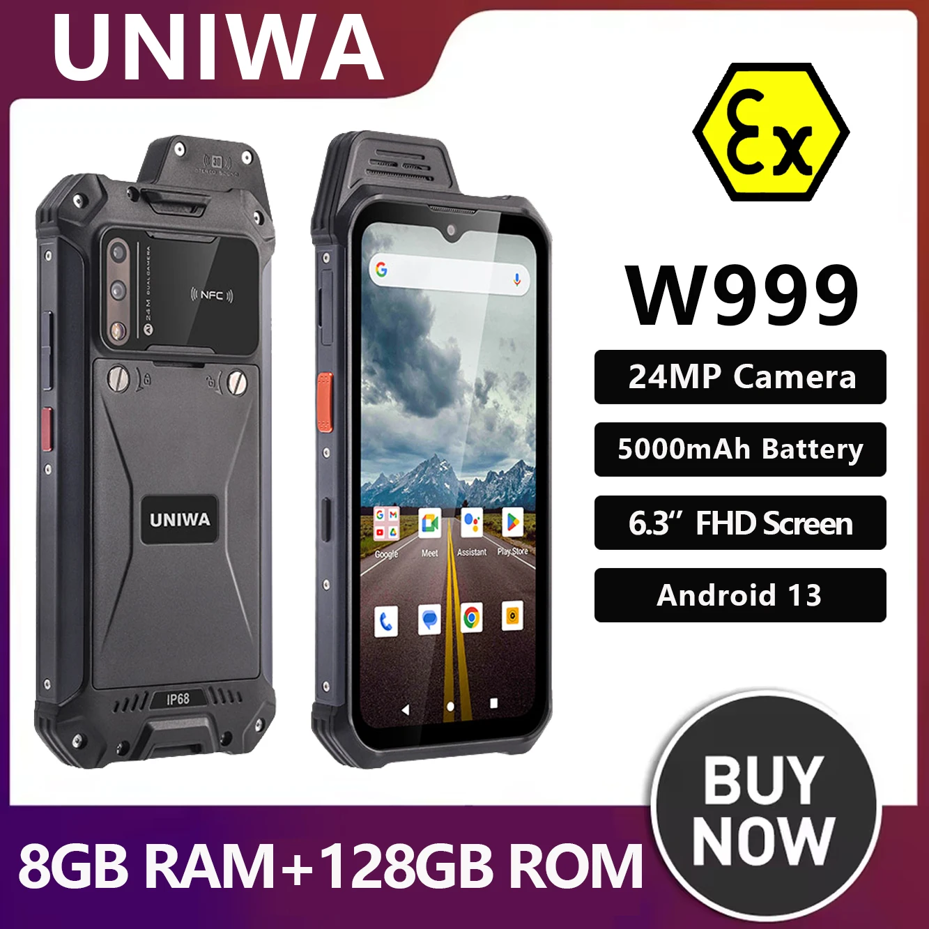 UNIWA W999 ATEX Rugged Waterproof Walkie Talkie 8GB+128GB 6.3 Inch FHD 5000mAh Smartphone Andriod 13 NFC Cell Phones Helio G99