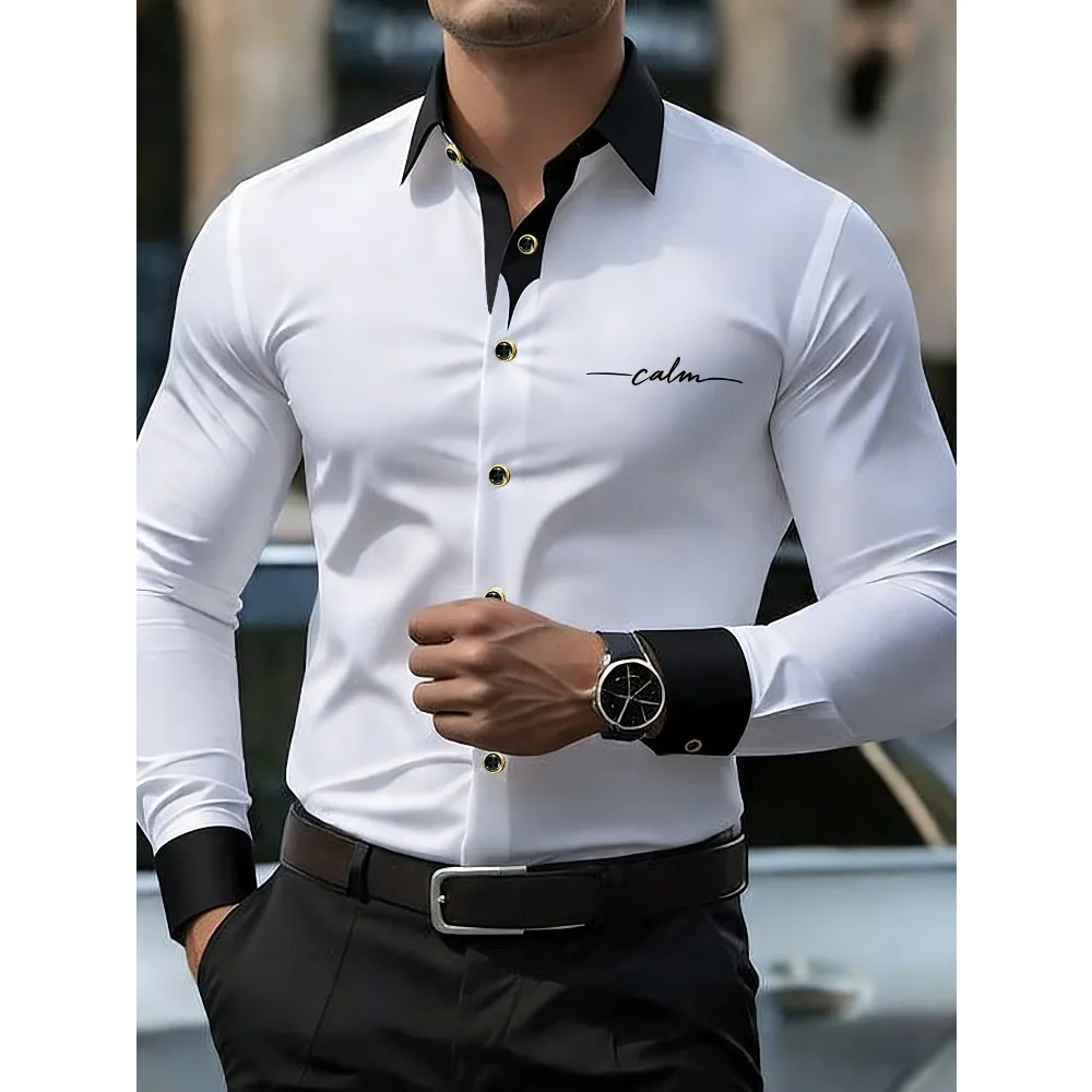 

FGKKS Men Shirts Brand Fashion Printed Smart Casual Business Long Sleeve Patchwork Micro Elastic Male Dress White Shirt