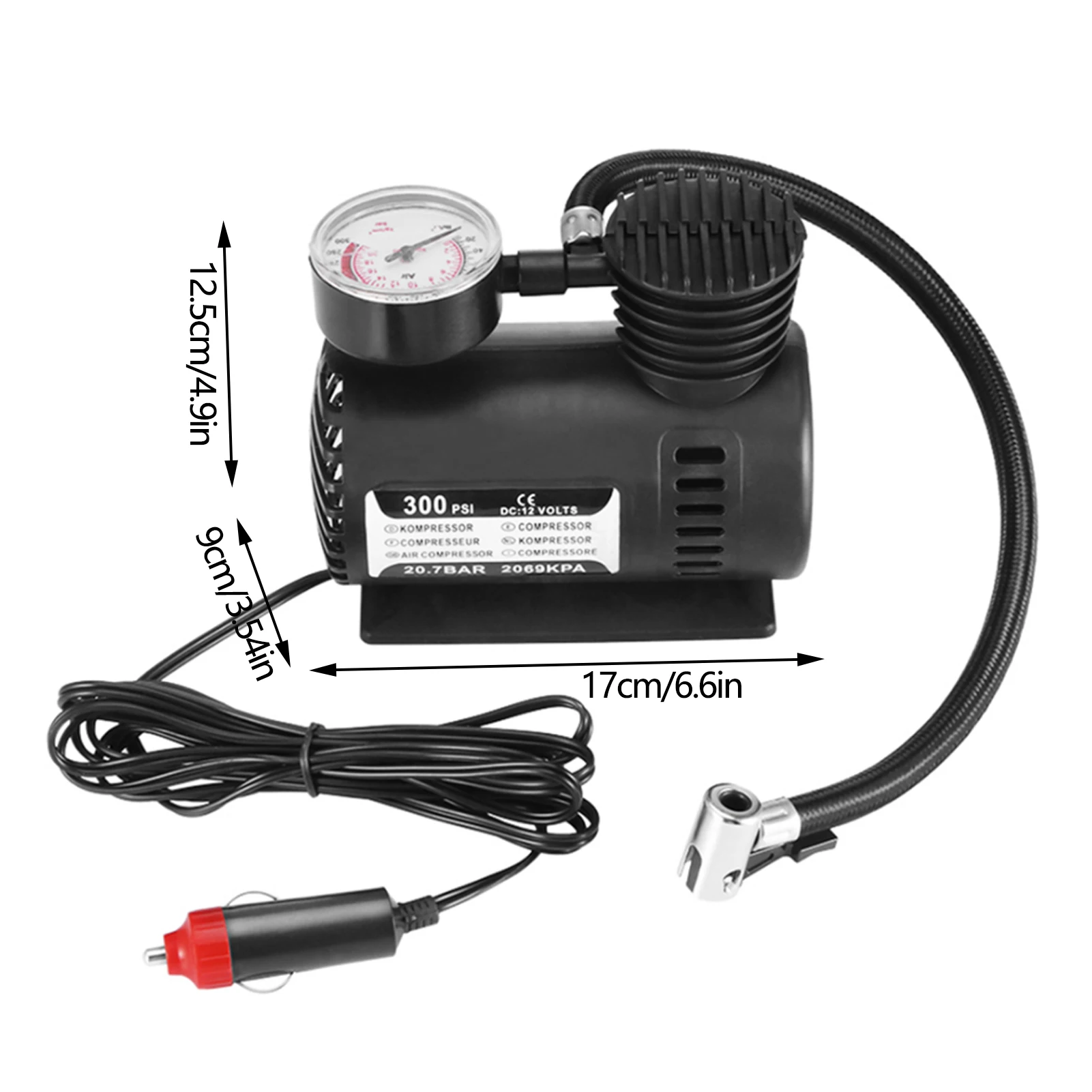 Bomba Inflator Pneu de Carro Portátil, 300PSI, 12V, Mini Compressor de Ar, Linha 2 Meter, Multi-Purpose, Emergência Road Trip