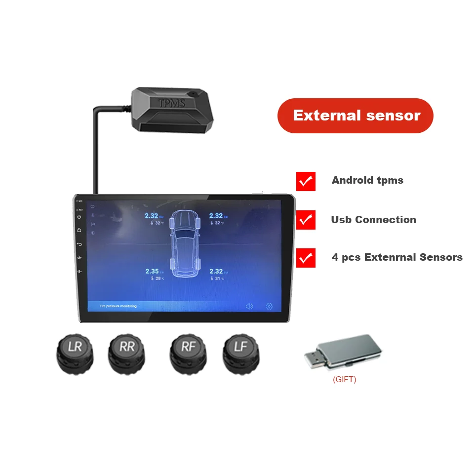 Intelligente Android-Navigation, spezielles, im Auto montiertes USB-Reifendruckkontrollsystem, TPMS-Reifendruck- und Temperaturerkennung – Detail 13