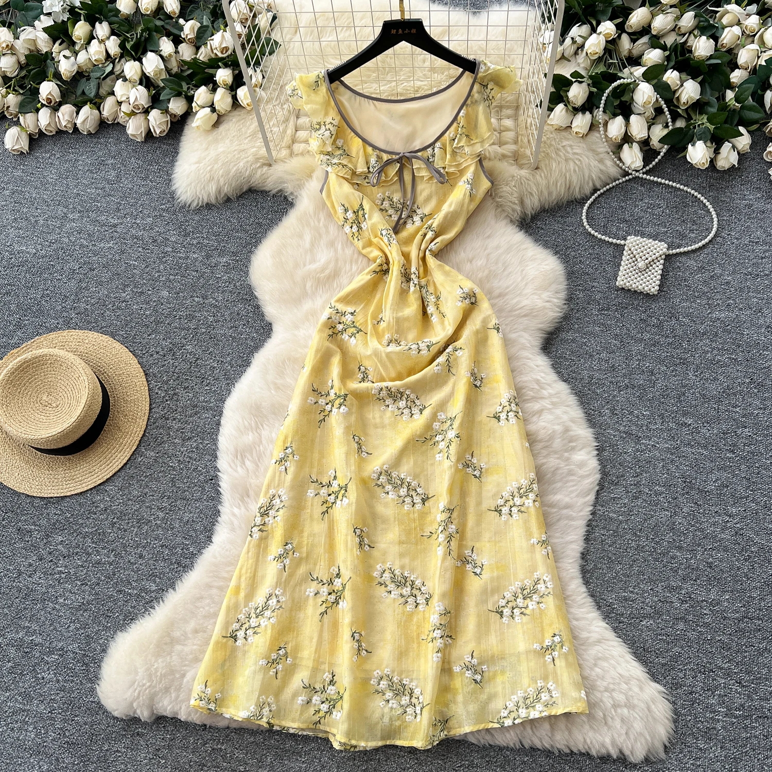 Chic vintage Sexy imprimé sans manches mince élégant fée mode coréenne Boho robe d'été plage femmes vêtements robe