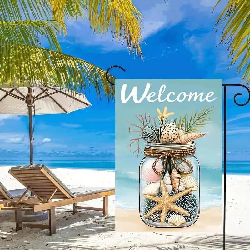 Summer Garden Flag 12x18 Double Sided, Burlap Seasonal Rustic Beach Shell Garden Flags Summer Outdoor Decorations, Small Dec zzo