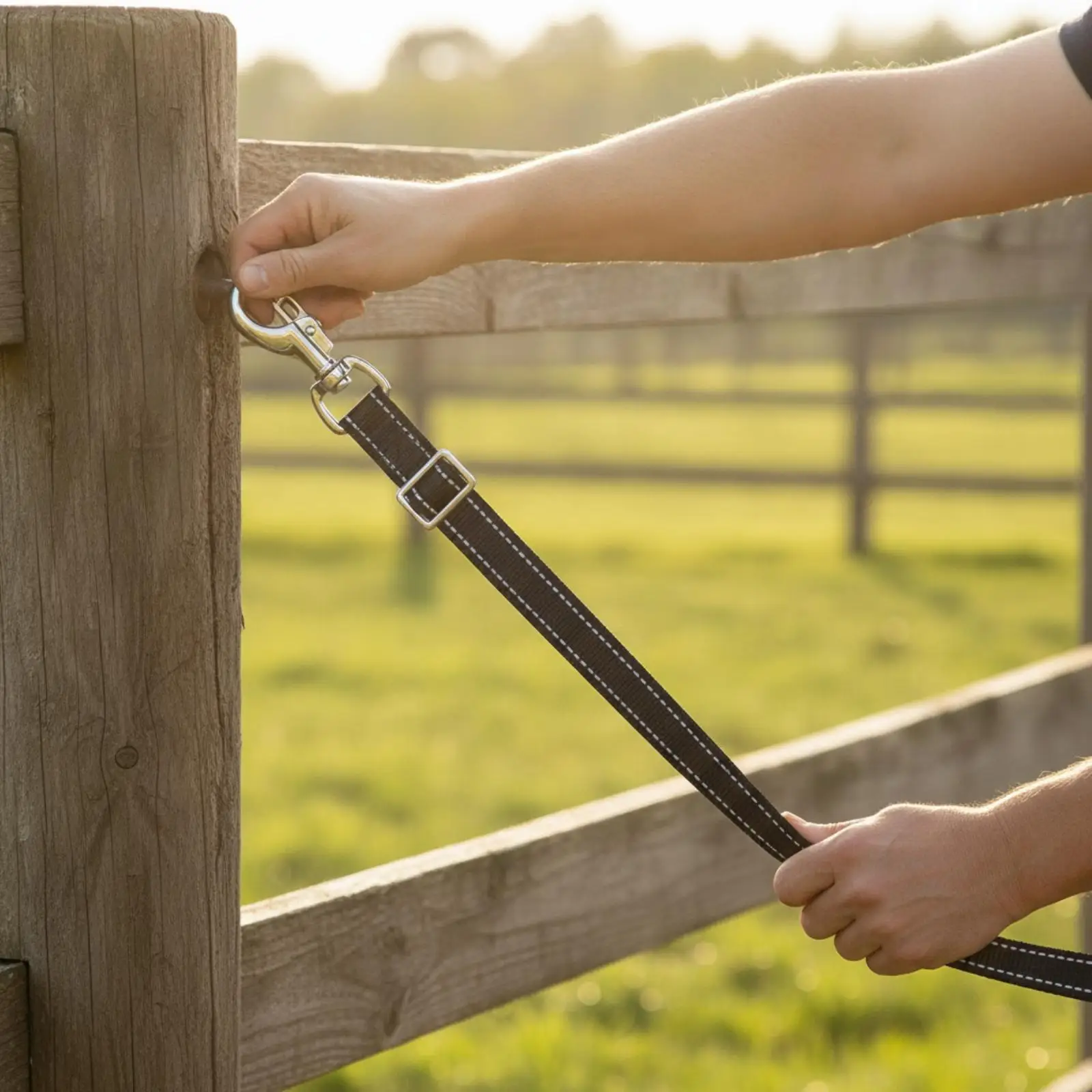 Durable Nylon Horse Trailer Strap with Spring Snap Hook and Classic Fastener for Safe Equine Transport Grooming Use