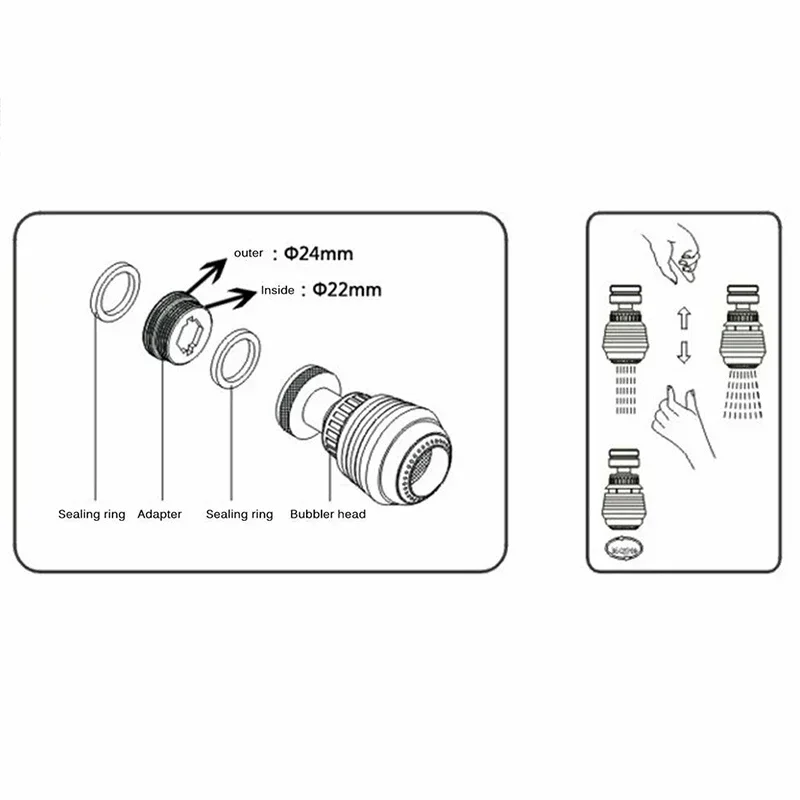 Aérateur de robinet à économie d'eau à rotation 360, buse filtrante de cuisine, 24 filetages externes/22 filetages internes