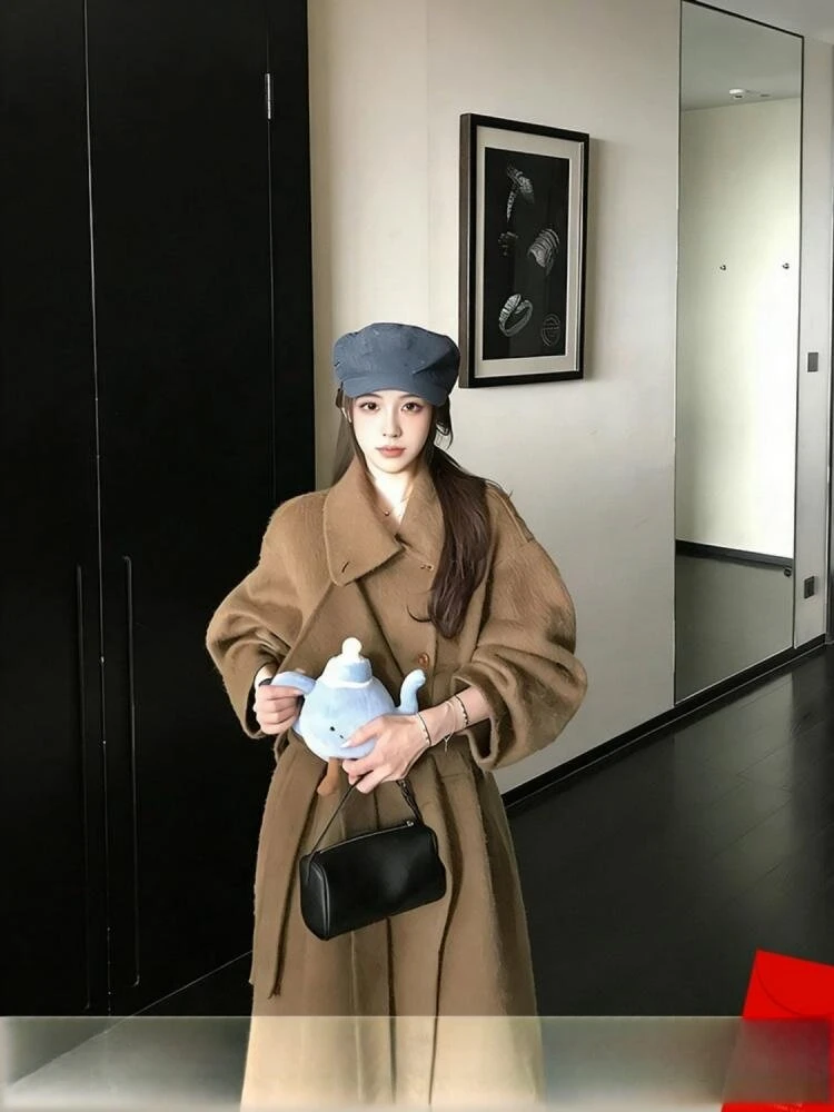 

Офисные женские утолщенные шерстяные куртки из альпаки, зима 2025, элегантные высококачественные двубортные свободные женские длинные шерстяные пальто на шнуровке