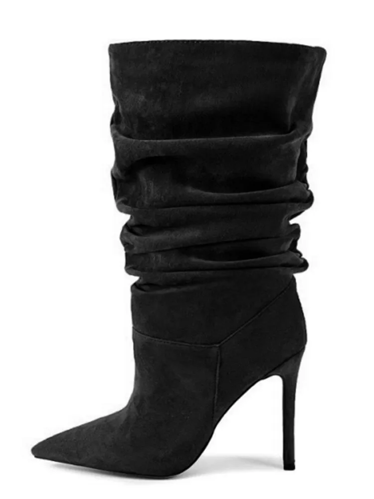2025 Women\'s Autumn and Winter New Pleated High-heeled Short Boots with Pointed Sleeves, Women\'s 35-47 Large Mid Length Boots