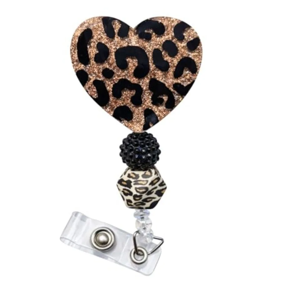 Heart Badge Reel Valentines Leopard Animal Print ID Name Holder with Retractable Clip Safari Themed Office Work Accessories Gif