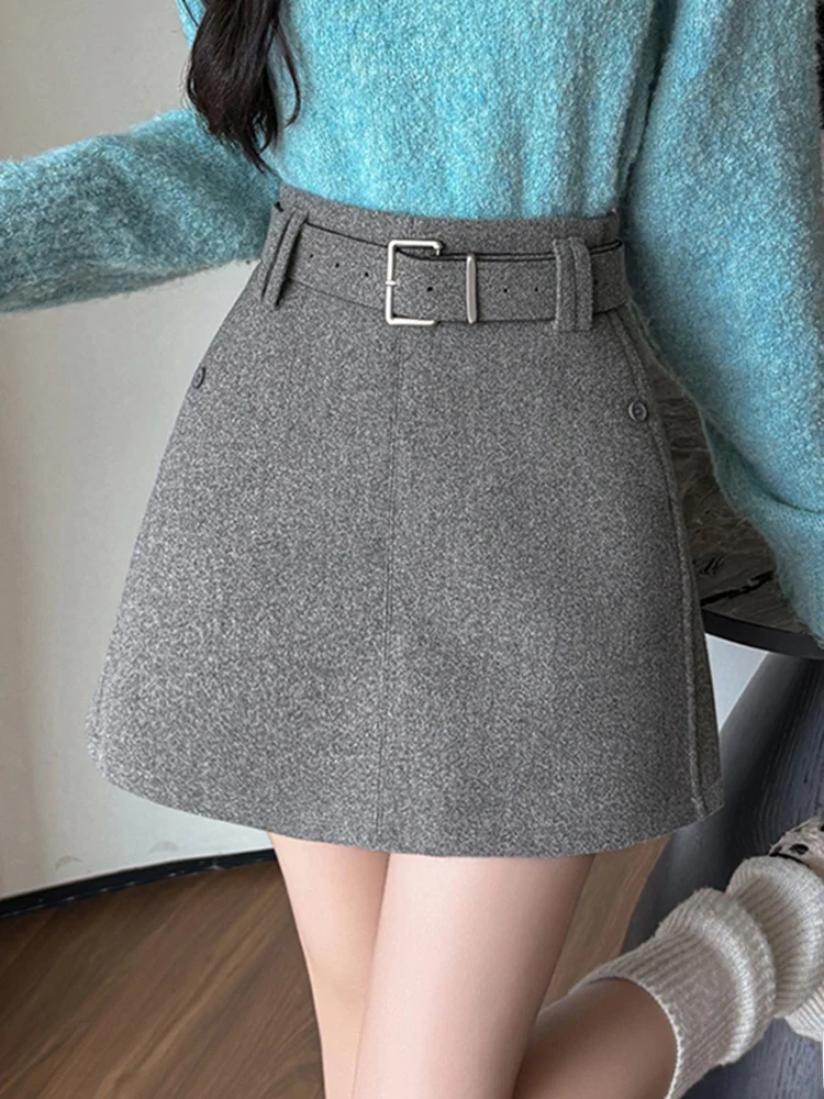 

High Waist A-Line Skirt Women's Woolen ort Skirt with Belt Autumn Winter New Sle Casual High Waist Skirt