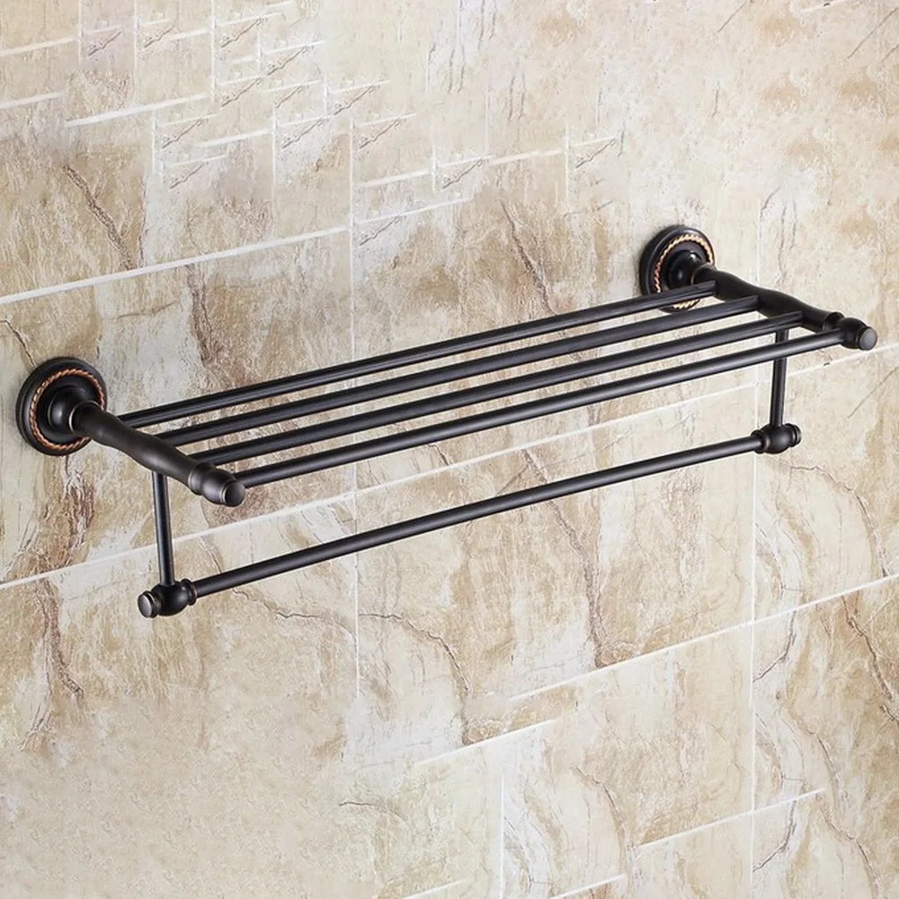 

Black Oil Rubbed Brass Hotel Bathroom Hardware Wall Mounted Towel Rack Storage Shelf Double Tier Rail Bar Holder Dba210