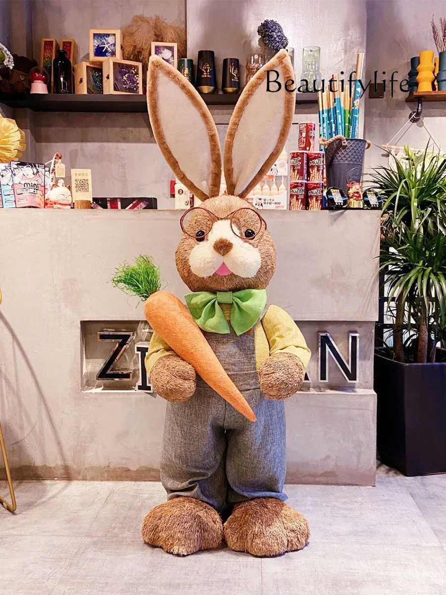 Living room floor-to-ceiling straw weaving rabbit ornament animal large wedding home TV cabinet decoration doll