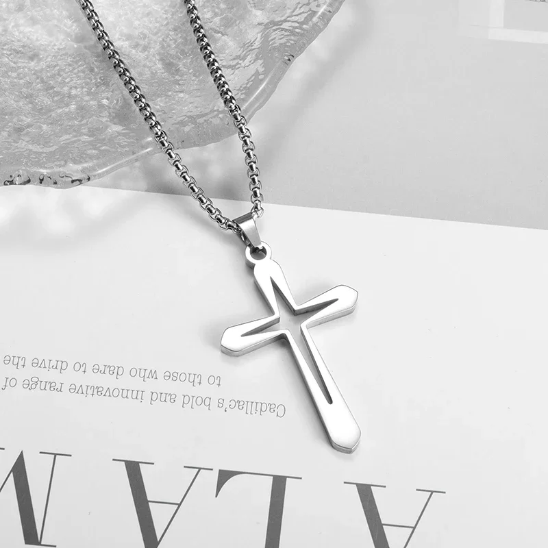 Goth Starlight Cross Stainless Steel Jesus Christ Amulet Pendant Necklace for Women Men Silver  Color Chain Necklaces Jewery