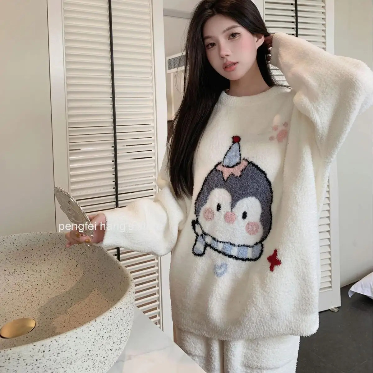Women Autumn Winter New Cartoon Half Sided Fleece Pajama Set Round Neck Girls Thick Warm Casual Soft Loungewear Sleepwear Suit