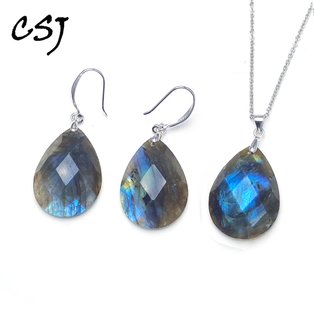 

Elegant Natural Labradorite Jewelry Sets Sterling 925 Silver Gemstone 15*25m Checkboard Crystal for Women Party Jewelry Gift