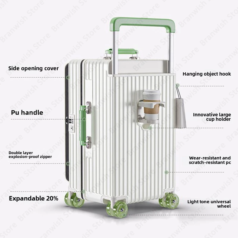 Mala básica com suporte de copo e gancho, mala de viagem com rodas giratórias, carrinho largo portátil, bagagem com abertura frontal
