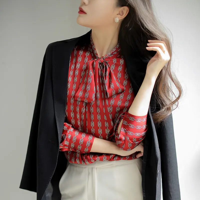 Damesblouse bedrukt shirt casual losse jeugd tops elegante vrouwelijke kleding harajuku vintage nieuwe mode sjaal hals lange mouwen