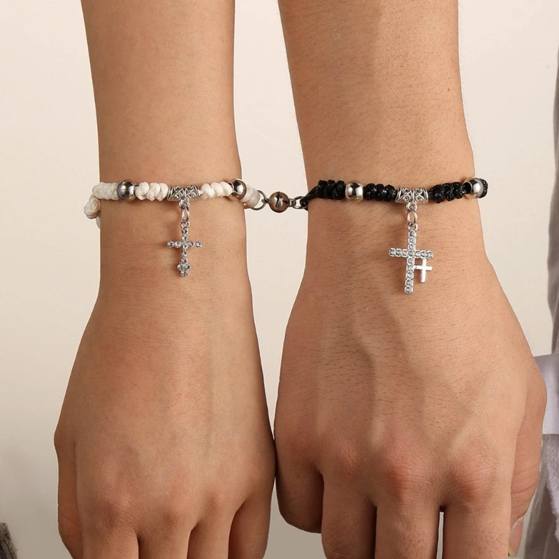 2pcs Crystal Cross Couple Bracelets Magnetic Matching Bangle Fashionable Braided Rope Wrist Chain for Women Men Jewelry image 4